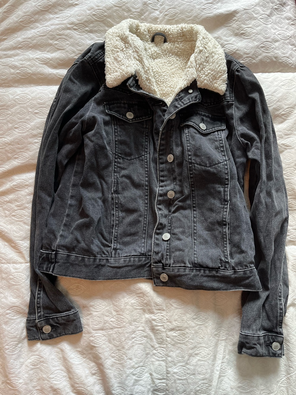 Topshop Black Denim Jacket with Cream Sherpa Collar size 8